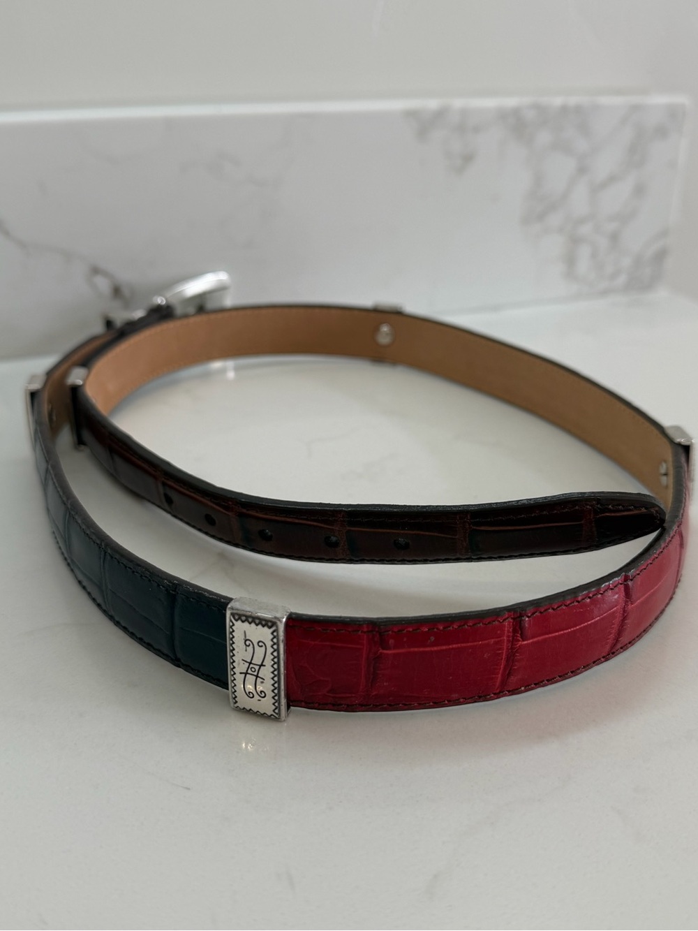 Vintage Brighton Multicolor Croco Embossed Leather Panel Belt Red Black Brown XL